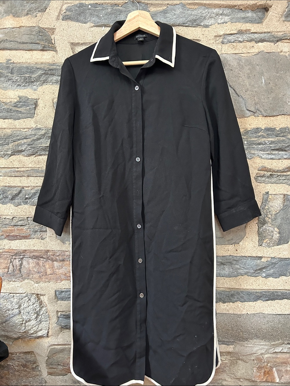 Ann Taylor Black Shirt Dress with White Trim